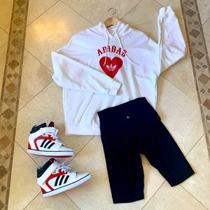 Adidas white hoodie with red heart.